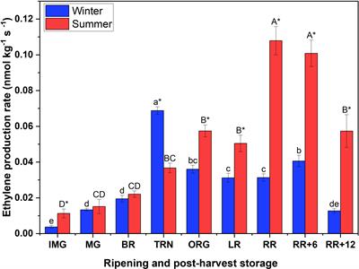 Targeted system approach to ethylene biosynthesis and signaling of a heat tolerant tomato cultivar; the impact of growing season on fruit ripening